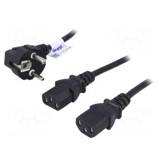 Cable | CEE 7/7 (E/F) plug angled,IEC C13 female x2 | 1.15m | PVC