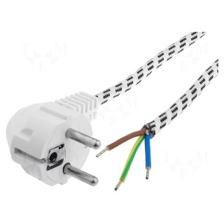 Cable | CEE 7/7 (E/F) plug angled,wires | 2m | white | textile braid