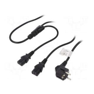 Cable | CEE 7/7 (E/F) plug,IEC C13 female x2 | 1.5m | black | 10A