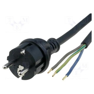 Cable | 3x1.5mm2 | CEE 7/7 (E/F) plug,wires | rubber | Len: 3m | black