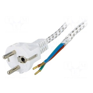 Cable | CEE 7/7 (E/F) plug,wires | 3m | white | textile braid | 6A