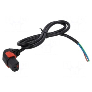 Cable | IEC C13 female 90°,wires | PVC | 1m | with IEC LOCK locking