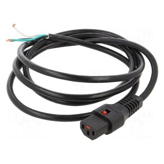 Cable | IEC C13 female,wires | 2m | with IEC LOCK locking | black
