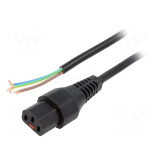 Cable | IEC C13 female,wires | 3m | with IEC LOCK locking | black
