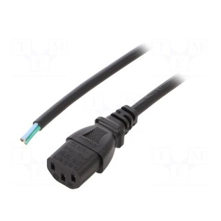 Cable | 3x0.75mm2 | IEC C13 female,wires | PVC | 0.5m | black | 10A | 250V