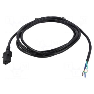 Cable | 3x18AWG | IEC C13 female,wires | PVC | 3m | black | 10A | 125V