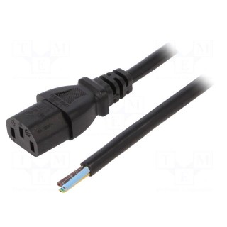 Cable | 3x1mm2 | IEC C13 female,wires | PVC | 3m | black | 10A | 250V