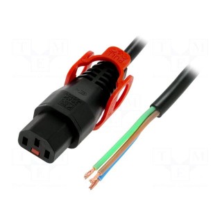 Cable | IEC C13 female,wires | 3m | with IEC LOCK+ locking | black