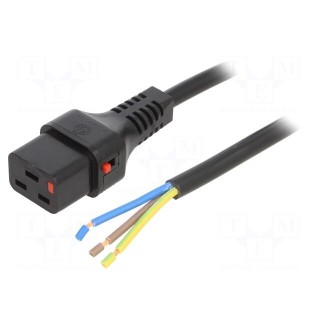 Cable | IEC C19 female,wires | 1m | with IEC LOCK locking | black