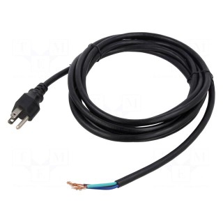 Cable | 3x18AWG | NEMA 5-15 (B) plug,wires | PVC | 3.7m | black | 10A