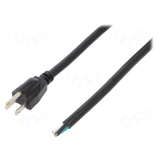 Cable | NEMA 5-15 (B) plug,wires | 5m | black | PVC | 3x14AWG | 15A | 125V