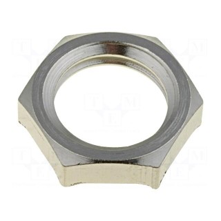 Nut | with earthing | M12 | brass | nickel | Thk: 3.5mm | Spanner: 15mm