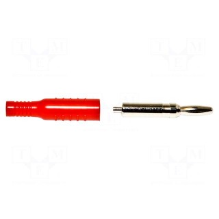 Plug | 4mm banana | 15A | red | nickel plated | soldered,crimped | brass