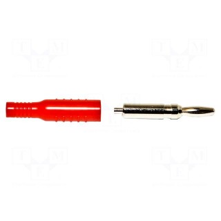 Plug | 4mm banana | 15A | red | nickel plated | soldered,crimped | brass
