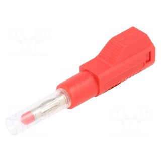 Plug | 4mm banana | 32A | red | insulated,with 4mm axial socket | 56mm