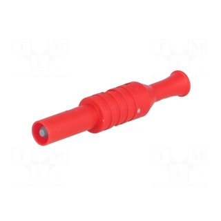 Plug | 4mm banana | 36A | 1kVAC | red | insulated | 63mm | 8mΩ | on cable