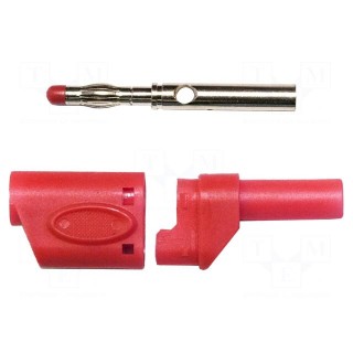 Plug | 4mm banana | 40A | 1kVAC | red | soldered | copper beryllium