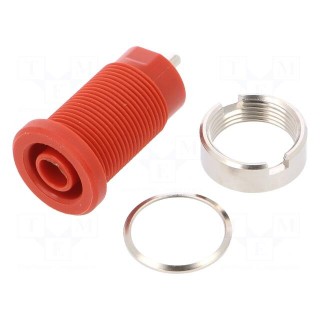 Socket | 4mm banana | 24A | red | nickel plated | screw,on panel