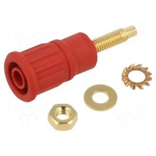 Socket | 4mm banana | 32A | 1kV | red | gold-plated | on panel | insulated