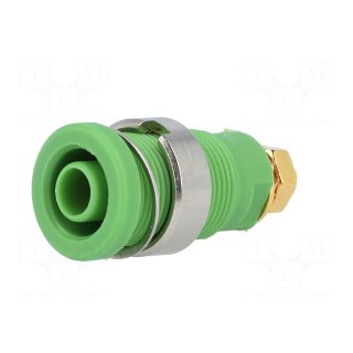Socket | 4mm banana | 32A | green | gold-plated | screw,on panel | 32mm