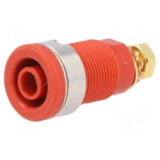 Socket | 4mm banana | 32A | red | gold-plated | screw,on panel | 32mm