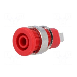 Socket | 4mm banana | 32A | red | nickel plated | on panel | insulated