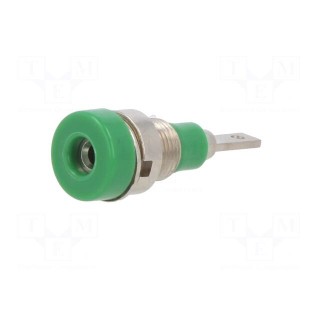 Socket | 2mm banana | 10A | 23mm | green | soldered,on panel | insulated