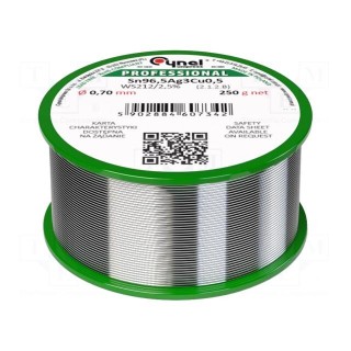 Soldering wire | Sn96,5Ag3Cu0,5 | 0.7mm | 250g | lead free | reel | 2.5%