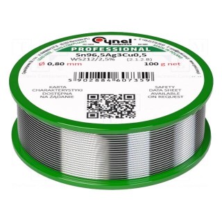 Soldering wire | Sn96,5Ag3Cu0,5 | 0.8mm | 100g | lead free | reel | 2.5%