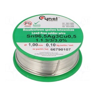 Soldering wire | Sn96,5Ag3Cu0,5 | 1mm | 100g | lead free | reel | 3%