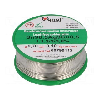 Soldering wire | Sn96,5Ag3Cu0,5 | 700um | 100g | lead free | reel | 3%