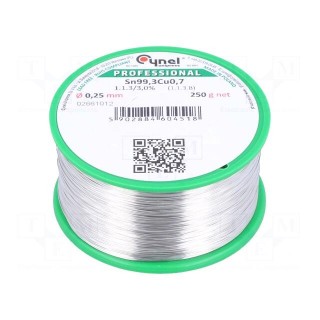Soldering wire | Sn99,3Cu0,7 | 0.25mm | 250g | lead free | 227°C | 3%