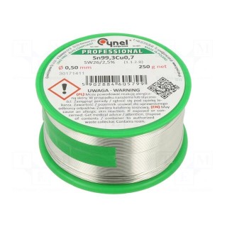 Soldering wire | Sn99,3Cu0,7 | 0.5mm | 250g | lead free | Package: reel