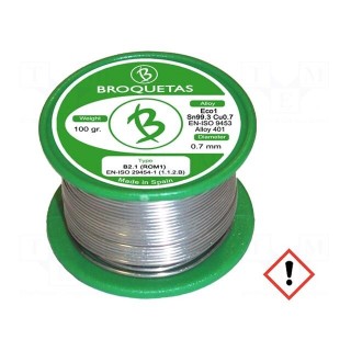 Soldering wire | Sn99,3Cu0,7 | 0.7mm | 0.1kg | lead free | 220°C