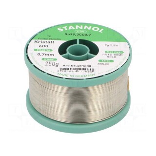 Soldering wire | Sn99,3Cu0,7 | 0.7mm | 250g | lead free | reel | 2.5%