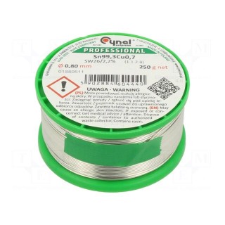 Soldering wire | Sn99,3Cu0,7 | 0.8mm | 250g | lead free | reel | 227°C
