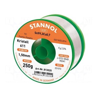 Soldering wire | Sn99,3Cu0,7 | 1.5mm | 250g | lead free | reel | 2.5%