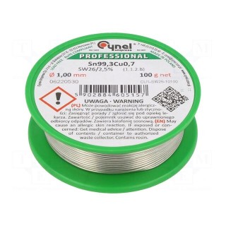 Soldering wire | Sn99,3Cu0,7 | 1mm | 100g | lead free | Package: reel