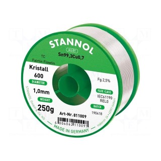 Soldering wire | Sn99,3Cu0,7 | 1mm | 250g | lead free | reel | 2.5%