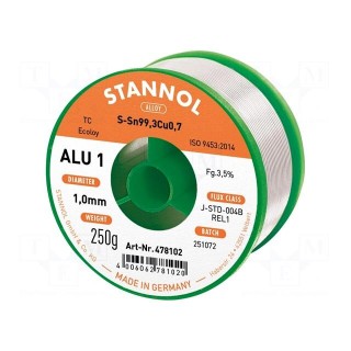 Soldering wire | Sn99,3Cu0,7 | 1mm | 250g | lead free | reel | 3.5% | ALU1