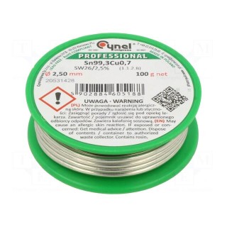 Soldering wire | Sn99,3Cu0,7 | 2.5mm | 100g | lead free | Package: reel