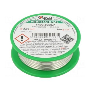 Soldering wire | Sn99,3Cu0,7 | 2mm | 100g | lead free | reel | 227°C