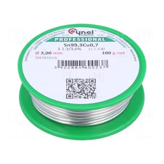 Soldering wire | Sn99,3Cu0,7 | 2mm | 100g | lead free | Package: reel