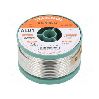 Soldering wire | Sn99,3Cu0,7 | 2mm | 250g | lead free | reel | 3.5% | ALU1