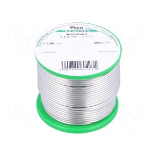 Soldering wire | Sn99,3Cu0,7 | 2mm | 500g | lead free | Package: reel