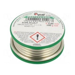 Soldering wire | Sn99,3Cu0,7 | 3mm | 100g | lead free | reel | 227°C