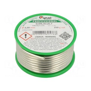 Soldering wire | Sn99,3Cu0,7 | 3mm | 250g | lead free | Package: reel