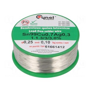 Soldering wire | Sn99Ag0,3Cu0,7 | 0.25mm | 100g | lead free | reel
