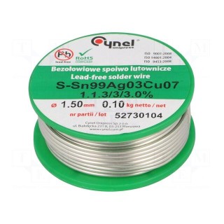 Soldering wire | Sn99Ag0,3Cu0,7 | 1.5mm | 100g | lead free | reel | 3%