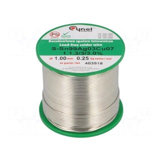 Soldering wire | Sn99Ag0,3Cu0,7 | 1mm | 250g | lead free | 216÷227°C